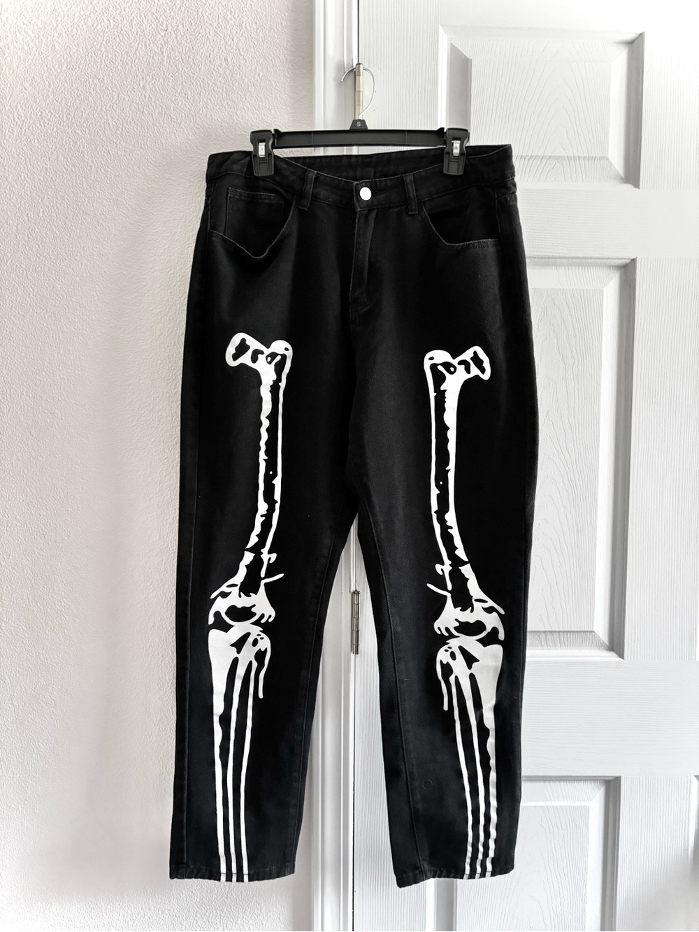 SHEIN Womens Skeleton Print Black Demin Straight Leg Grunge Size 32